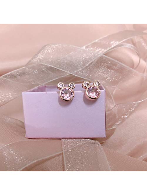 Puadun 925 Silver Mouse Shape Stud Earrings with Sparkling Cubic Zirconia Hypoallergenic Cute Stud Earring for Women Girls Birthday Gifts(Free Jewelry Box)