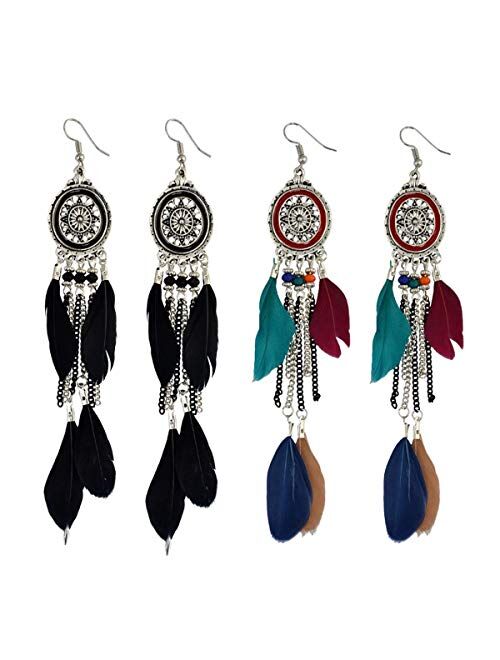 Punk Vintage Long Tassel Feather Beads Drop Wolf Tooth Pendant Earring Fish Hook Earrings