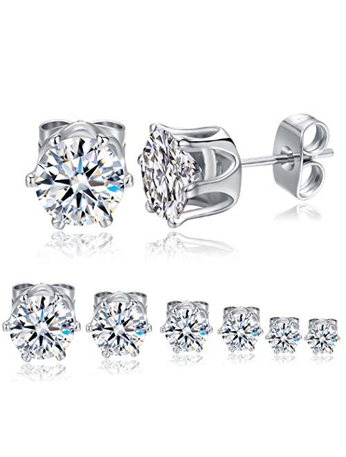 GEMSME 18K White Gold Plated Round Cubic Zirconia Stud Earrings Hypoallergenic Jewelry for Women Men