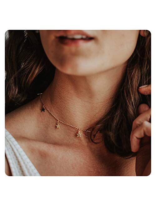 Fremttly Star Choker Necklaces Disc Coin Handmade Simple 14K Gold Plated/Silver Plated Delicate Dainty Star and Bead Chain Chokers Necklaces Thin Heart Pendant Necklaces 