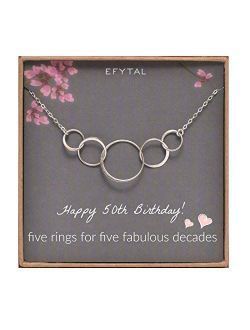 EFYTAL 50th Birthday gifts for women, Sterling Silver Five Circle Necklace For Her 5 Decade Jewelry 50 Years Old