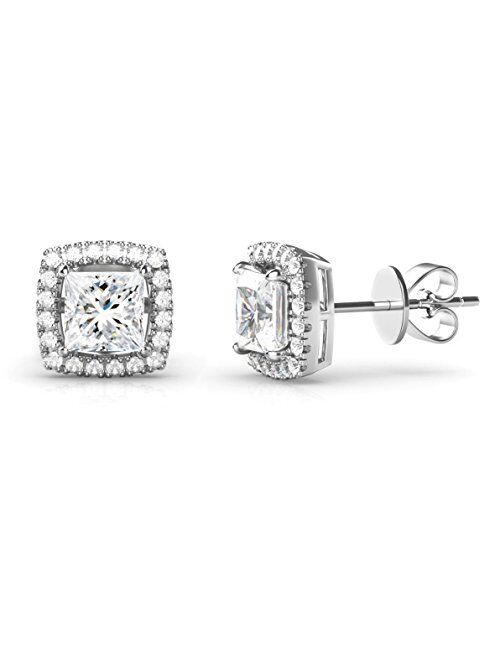 925 Sterling Silver Princess Cut CZ Cubic Zirconia Halo Earrings