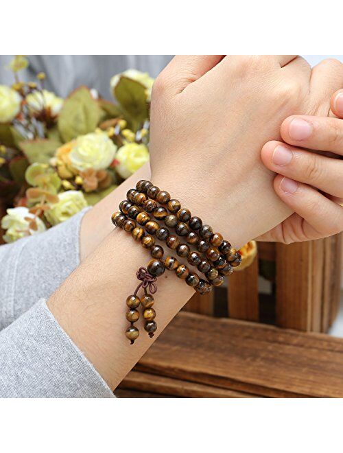 Jovivi Tibetan 6mm 8mm 108 Natural Tiger Eye Gemstone Beads Prayer Mala Bracelet Necklace