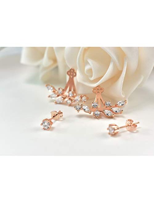 Elensan Rose Gold Leaf with Cz Crystal Ear Cuff Jacket Front Back Stud Earring for Woman Girls