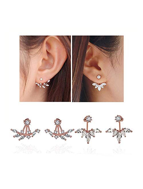 Elensan Rose Gold Leaf with Cz Crystal Ear Cuff Jacket Front Back Stud Earring for Woman Girls