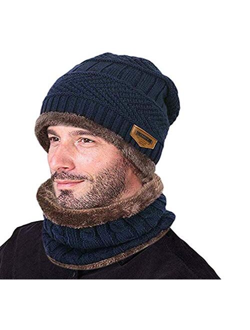 Beanie Hat Thick Knit Hat Warm Fleece Lined Scarf Set Warm Thick Winter Hat for Men & Women