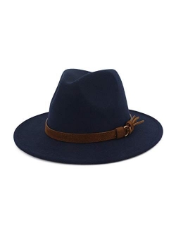 HUDANHUWEI Unisex Wide Brim Felt Fedora Hats Men Women Panama Trilby Hat with Band