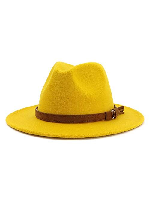 HUDANHUWEI Unisex Wide Brim Felt Fedora Hats Men Women Panama Trilby Hat with Band