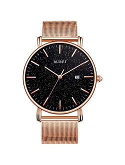 BUREI Men's Watch Ultra Thin Quartz Analog Wrist Watch Date Calendar Stainless Steel Mesh Band