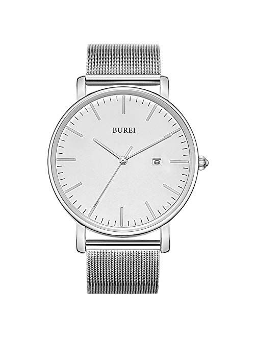 BUREI Men's Watch Ultra Thin Quartz Analog Wrist Watch Date Calendar Stainless Steel Mesh Band