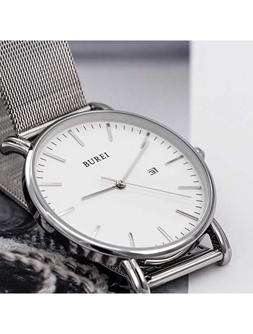 BUREI Men's Watch Ultra Thin Quartz Analog Wrist Watch Date Calendar Stainless Steel Mesh Band