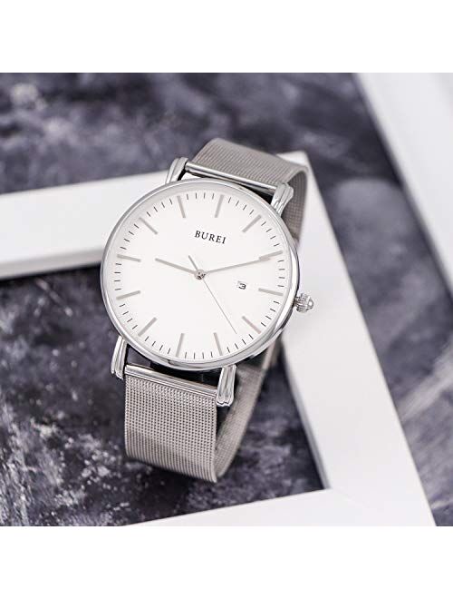 BUREI Men's Watch Ultra Thin Quartz Analog Wrist Watch Date Calendar Stainless Steel Mesh Band