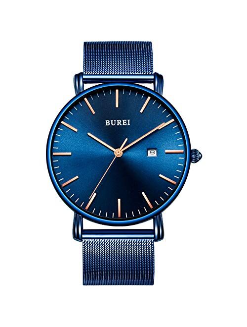 BUREI Men's Watch Ultra Thin Quartz Analog Wrist Watch Date Calendar Stainless Steel Mesh Band