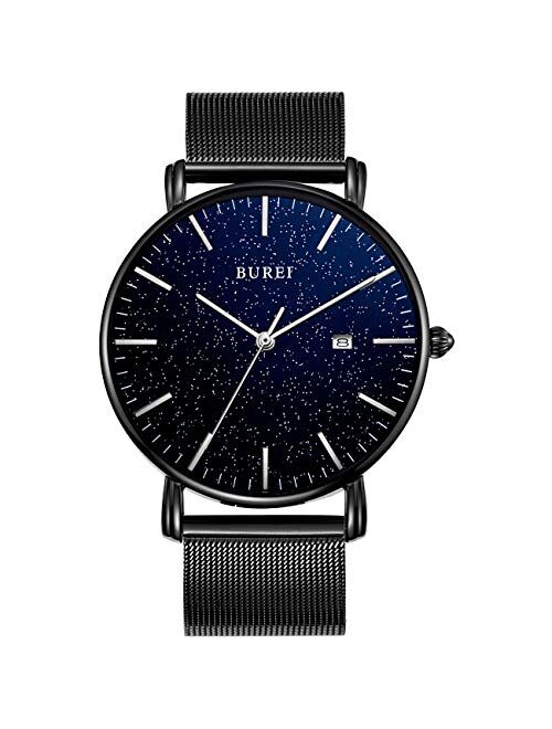 BUREI Men's Watch Ultra Thin Quartz Analog Wrist Watch Date Calendar Stainless Steel Mesh Band