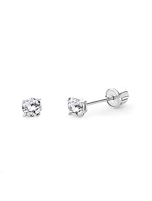 14k White Gold Round Solitaire Basket Set Stud Earrings with Screw Back - 7 Different Size Available