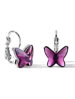 T400 Blue Purple Pink Crystal Butterfly Lever Back Earrings Birthday Gift for Women Girls