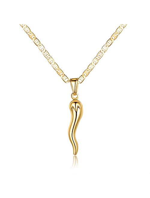 Barzel 18K Gold Plated Flat Mariner/Marina 060 3MM Chain Necklace With Italian Horn Pepper Pendant