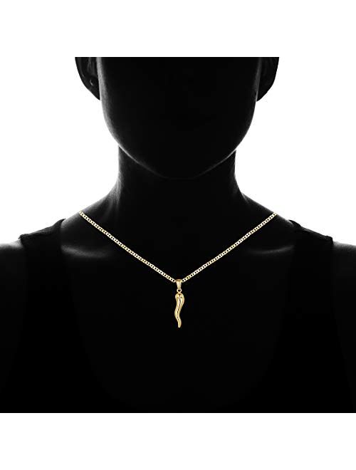 Barzel 18K Gold Plated Flat Mariner/Marina 060 3MM Chain Necklace With Italian Horn Pepper Pendant