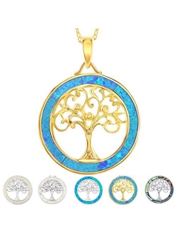 Tree of Life Necklace 925 Sterling Silver or Gold Plated with Created Blue Opal, Mother of Pearl or Abalone Shell Pendant Necklace for Women with 18" Sterling Silver Chai