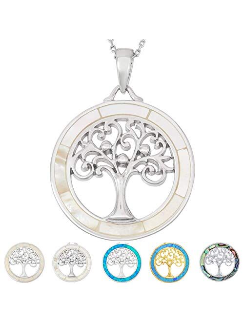 Tree of Life Necklace 925 Sterling Silver or Gold Plated with Created Blue Opal, Mother of Pearl or Abalone Shell Pendant Necklace for Women with 18" Sterling Silver Chai