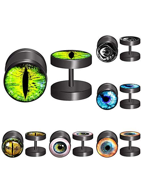 FLYUN 6Pairs 10MM Eyeball Black Screw Stud Earrings for Men Women Steel Cheater Fake Ear Plugs Gauges Illusion Tunnel