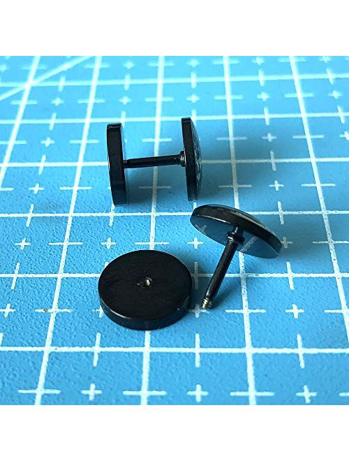 FLYUN 6Pairs 10MM Eyeball Black Screw Stud Earrings for Men Women Steel Cheater Fake Ear Plugs Gauges Illusion Tunnel