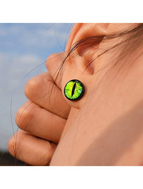 FLYUN 6Pairs 10MM Eyeball Black Screw Stud Earrings for Men Women Steel Cheater Fake Ear Plugs Gauges Illusion Tunnel