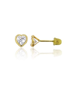 Solid 14k Yellow Gold Hypoallergenic Round Heart Square CZ Cubic Zirconia Solitaire Stud Earrings For girls With Secure Ball Screw Backs For Women, 3mm-7mm