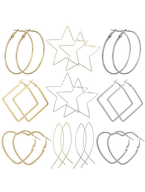 AIDSOTOU 10 Pairs Big Hoop Earrings Set for Women Girls Gold Plated Rose Gold Plated Silver Stainless Steel Hoop Earrings Fashion Large Earrings for Sensitive Ears