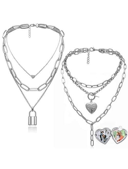 Ingemark Statement Cool Punk Chunky Chain Toggle Necklace for Women Girls Heart Shaped Photo Locket Pendant Layered Pearl Choker Necklace