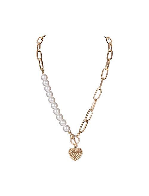 Ingemark Statement Cool Punk Chunky Chain Toggle Necklace for Women Girls Heart Shaped Photo Locket Pendant Layered Pearl Choker Necklace