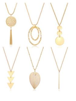 Fesciory 6 PCS Long Pendant Necklace for Women, Gold Bar Circle Leaf Triangle Tassel Y Necklace Set for Girls