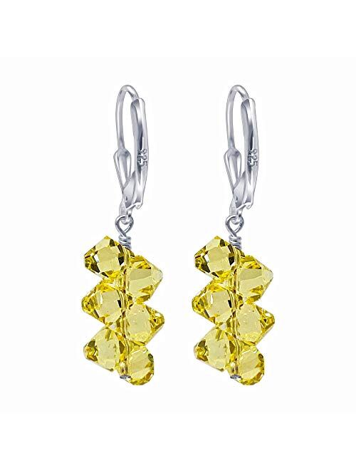 Cluster Style Swarovski Elements Crystal Handmade Sterling Silver Leverback Drop Earrings