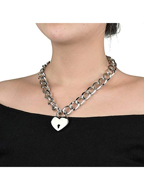 Lover Heart Padlock Necklace, Choker Necklaces for Women with Lock and Key, Metal Padlock Choker Pendant