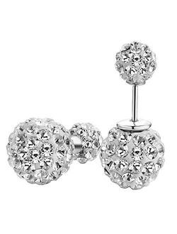 DIB 925 Sterling Silver Sparkle Bling Crystal Rhinestone Earrings Double Sided Front Back Ball Stud Earrings for Women Girls 10mm