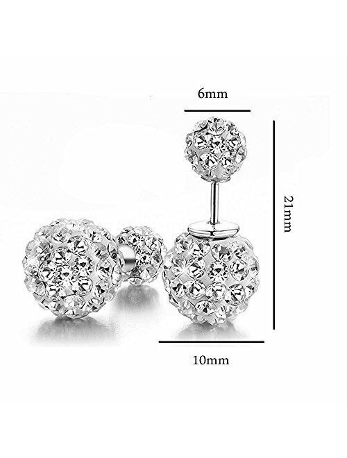 DIB 925 Sterling Silver Sparkle Bling Crystal Rhinestone Earrings Double Sided Front Back Ball Stud Earrings for Women Girls 10mm