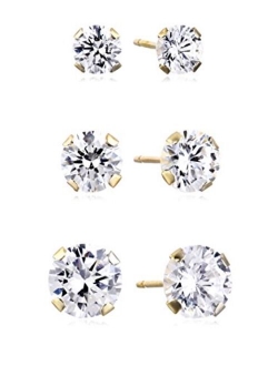 Jewelili 10kt Gold Three Stud Earrings set with Round Cut Swarovski Zirconia (3.5cttw)