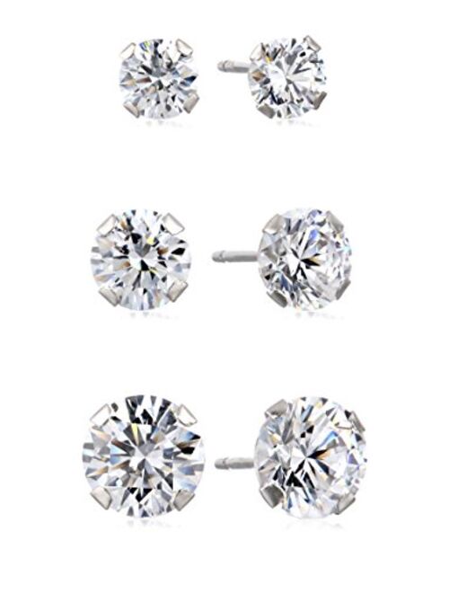 Jewelili 10kt Gold Three Stud Earrings set with Round Cut Swarovski Zirconia (3.5cttw)