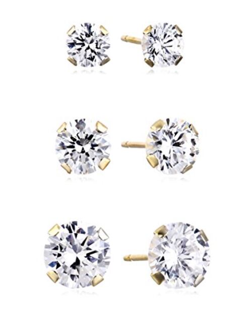 Jewelili 10kt Gold Three Stud Earrings set with Round Cut Swarovski Zirconia (3.5cttw)