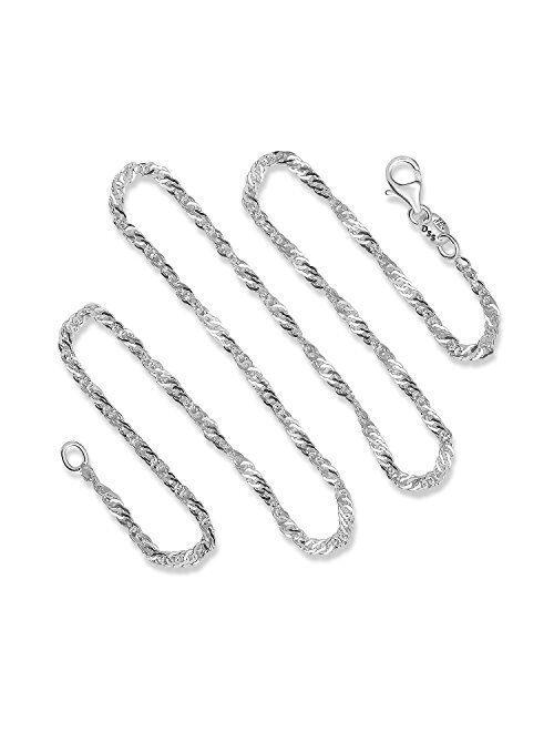 925 Sterling Silver 2 MM Singapore (Twisted Curb) Italian Chain - Lobster Claw Clasp 16-30"