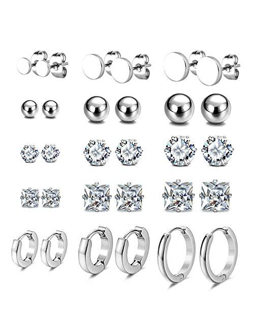 JewelrieShop Earrings Studs Set for Women Girl Stainless Steel CZ Ball Faux Pearl Hoop Hypoallergenic Silver Multiple Ear Stud Earing for Men