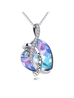 AOBOCO I Love You Jewelry Sterling Silver Blue Purple Heart Pendant Necklace Embellished with Crystals from Swarovski, Anniversary Birthday Jewelry Gifts for Women