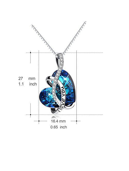 AOBOCO I Love You Jewelry Sterling Silver Blue Purple Heart Pendant Necklace Embellished with Crystals from Swarovski, Anniversary Birthday Jewelry Gifts for Women