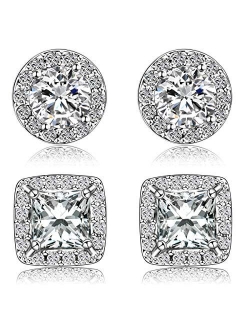 Quinlivan Duo 2 Pairs Premium Halo Stud Earrings 10mm, Round Princess Cut Cubic Zirconia Earrings Sets Lightweight for Women, Girls