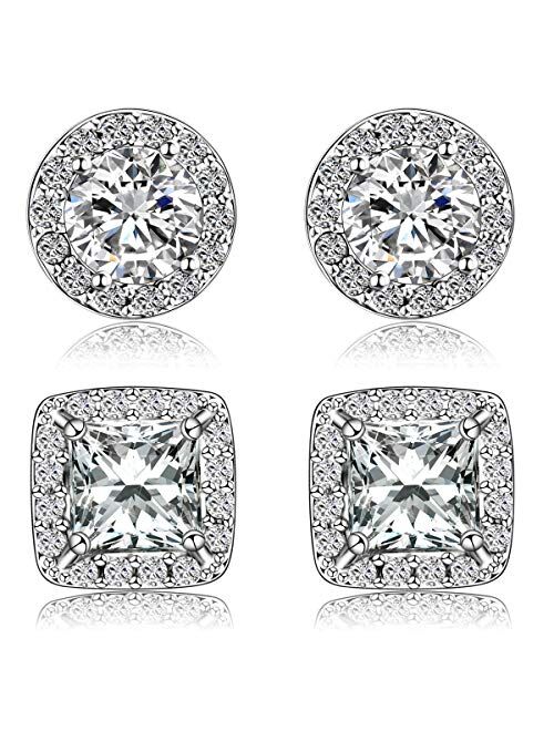 Quinlivan Duo 2 Pairs Premium Halo Stud Earrings 10mm, Round Princess Cut Cubic Zirconia Earrings Sets Lightweight for Women, Girls