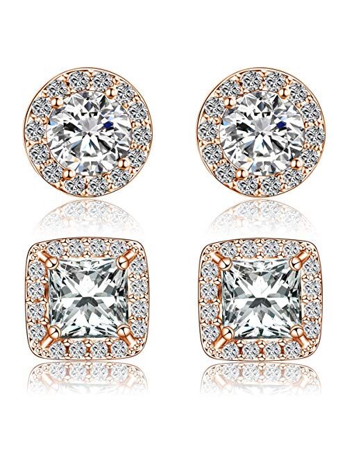 Quinlivan Duo 2 Pairs Premium Halo Stud Earrings 10mm, Round Princess Cut Cubic Zirconia Earrings Sets Lightweight for Women, Girls