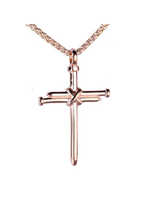 HIJONES Men's Stainless Steel Nail Cross Charm Pendant Necklace Polished Gold Silver Black Rose Gold