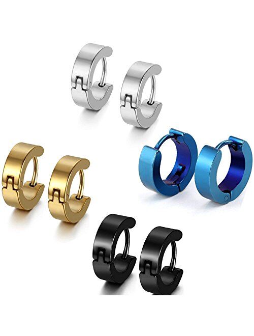 Aroncent Stainless Steel 8 Pairs Mens Small Hoop Huggie Hinged Earrings Set 4mm