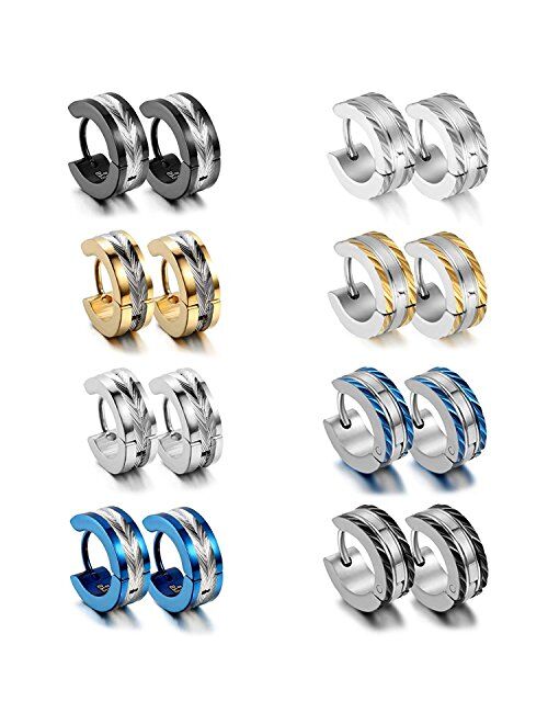 Aroncent Stainless Steel 8 Pairs Mens Small Hoop Huggie Hinged Earrings Set 4mm