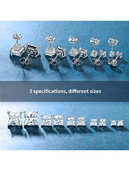 5 Pairs 18K White Gold Plated Princess Cut Clear Cubic Zirconia Stud Earring Pack